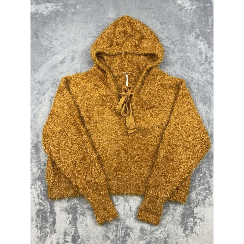 Free People Light As A Feather Fuzzy Hooded Sweater Womens Sz XS Copper Mustard